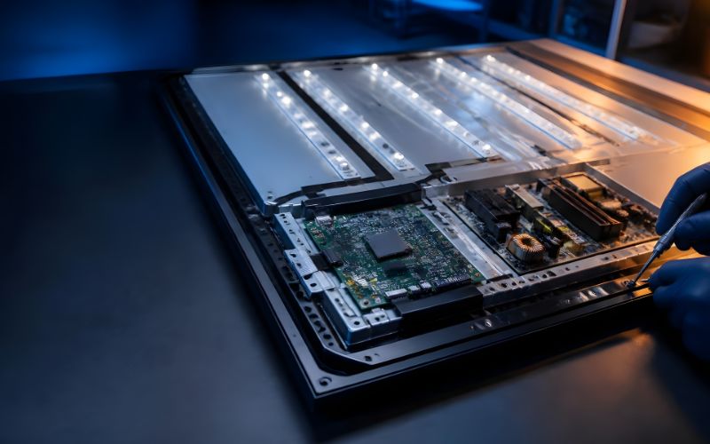 Televizor LED deschis pe masa de lucru: un tehnician cu mănuși verifică plăcile electronice, cu barele de LED-uri ale iluminării de fundal la vedere