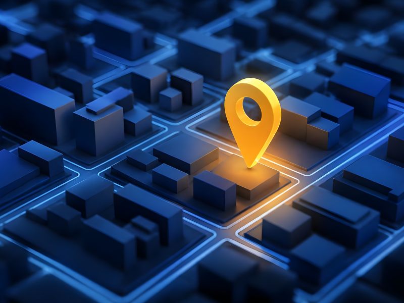 Hartă stilizată 3D a unui cartier, cu un indicator portocaliu de locație deasupra unei clădiri