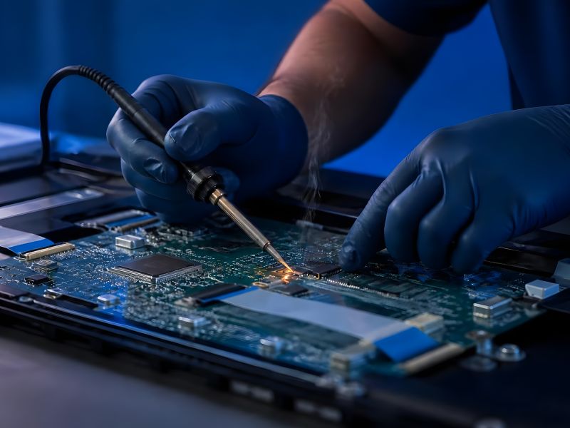 Tehnician cu mănuși care lipește cu ciocanul de lipit o componentă pe placa electronică a unui televizor deschis